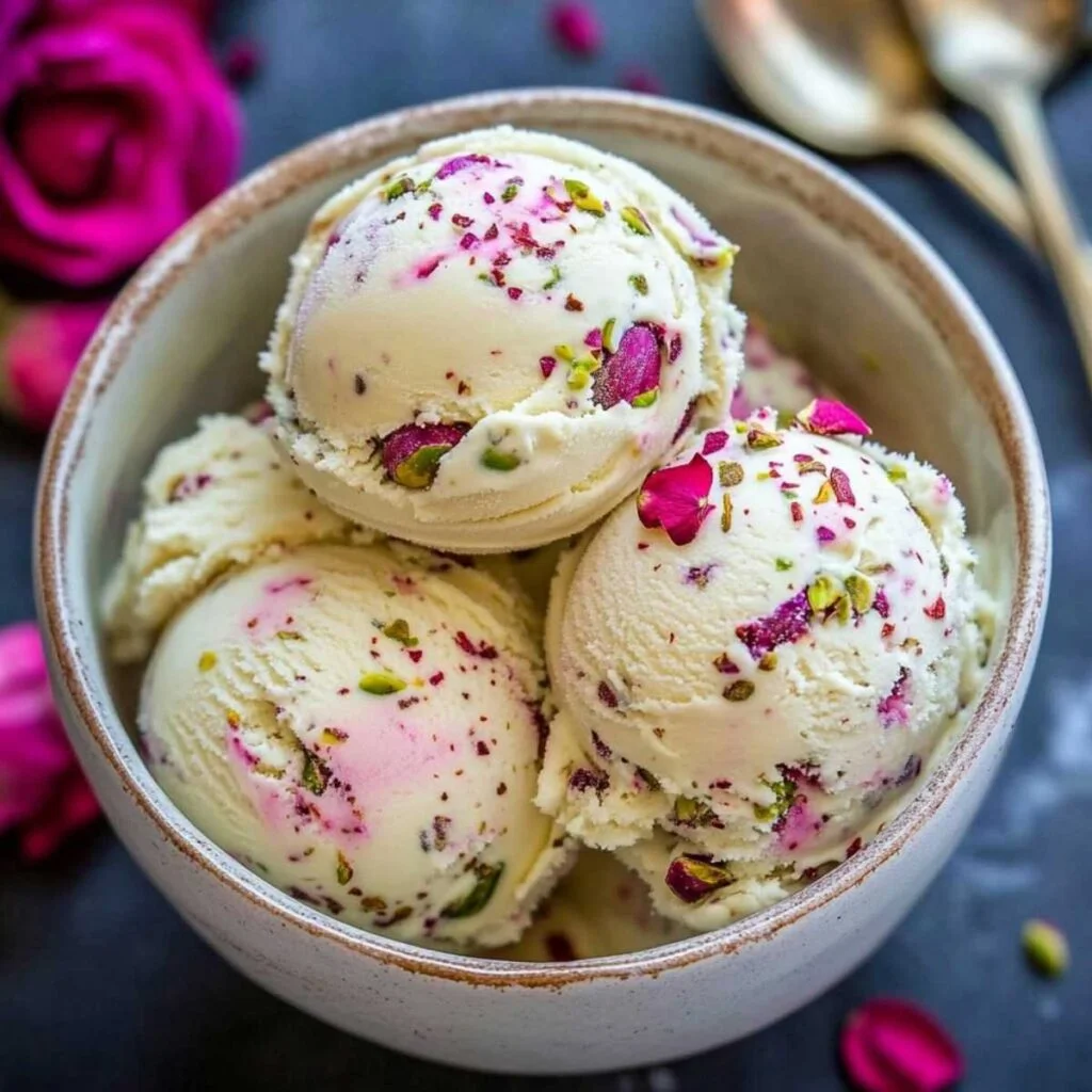 Rose Pistachio Cheesecake Ice Cream in a ceramic bowl, showing blush pink swirls, crushed pistachios, and dried rose petals on creamy scoops.