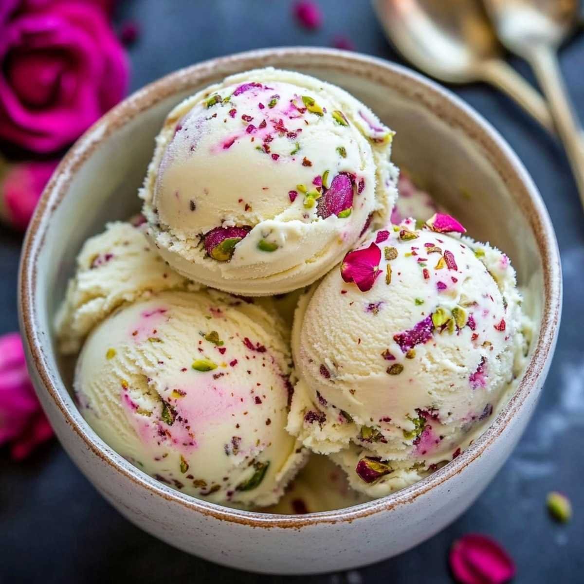 Rose Pistachio Cheesecake Ice Cream in a ceramic bowl, showing blush pink swirls, crushed pistachios, and dried rose petals on creamy scoops.