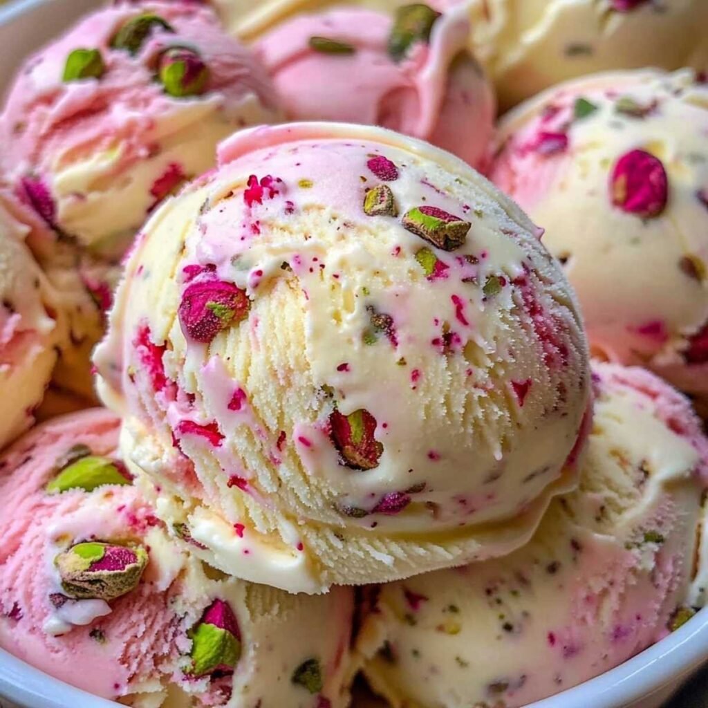 Close-up of Rose Pistachio Cheesecake Ice Cream showing pink rose swirls, crushed pistachios, and creamy textured scoops in a bowl.