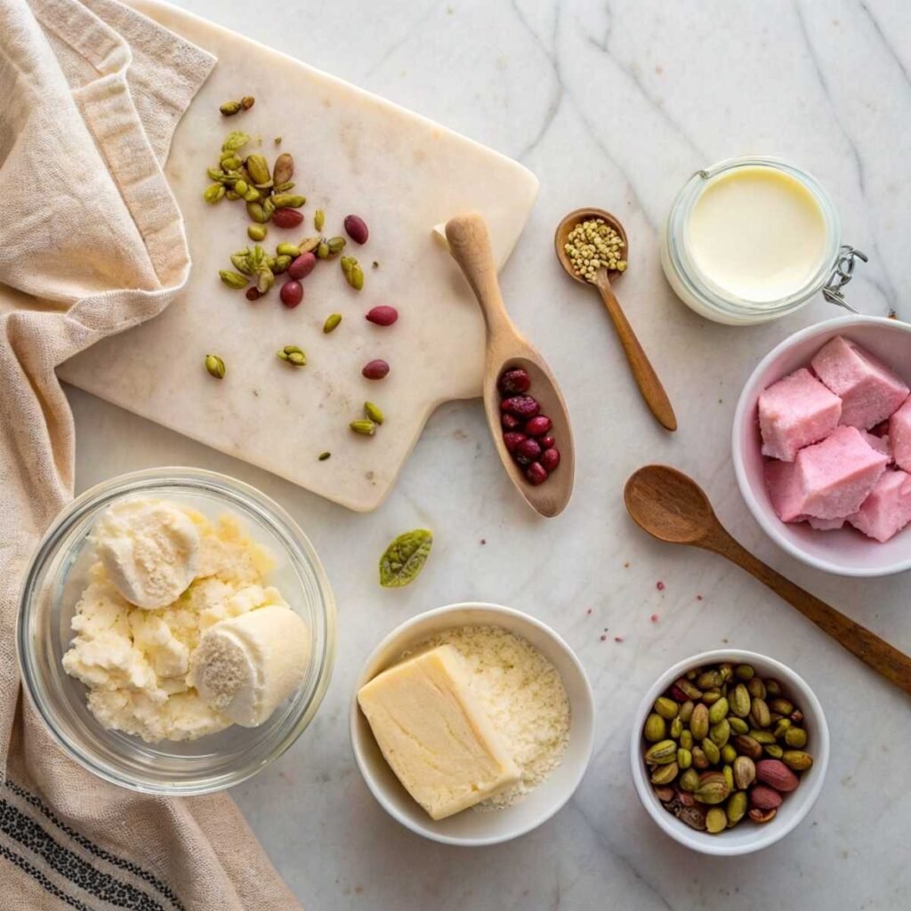 Fresh ingredients for Rose Pistachio Cheesecake Ice Cream including pistachios, cream cheese, and rose water arranged on a marble surface.