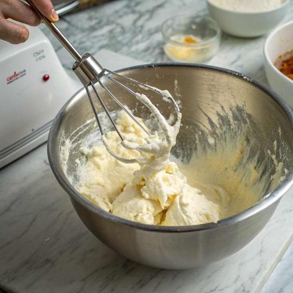 Whipping cream cheese with sweetened condensed milk for Rose Pistachio Cheesecake Ice Cream - step 1 showing smooth, fluffy mixture.