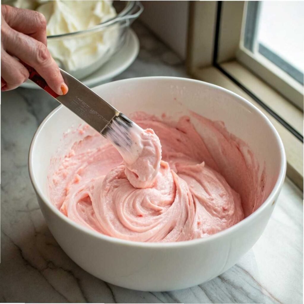 Folding whipped cream into rose cheesecake mixture for Rose Pistachio Cheesecake Ice Cream - step 2 showing airy texture.