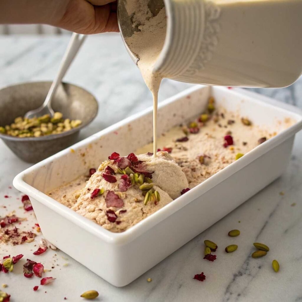Pouring rose cheesecake ice cream mixture into a container and topping with pistachios and rose petals - step 3 in final preparation.