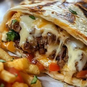 Steak & Cheese Dirty Fry Burritos on a modern marble countertop, showcasing its griddled golden crust with cilantro and white queso.