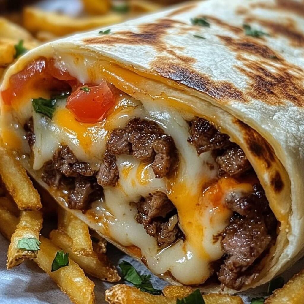 Close-up of Steak & Cheese Dirty Fry Burrito showing melted queso, crispy fries and tender steak, garnished with cilantro on a wood surface.