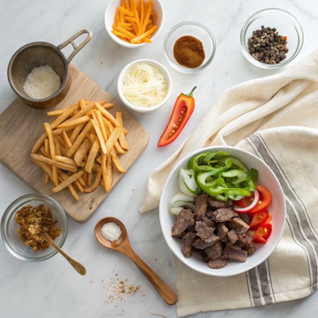 Fresh ingredients for Steak & Cheese Dirty Fry Burritos including ribeye steak, crinkle cut fries, peppers and white queso arranged on a marble surface.
