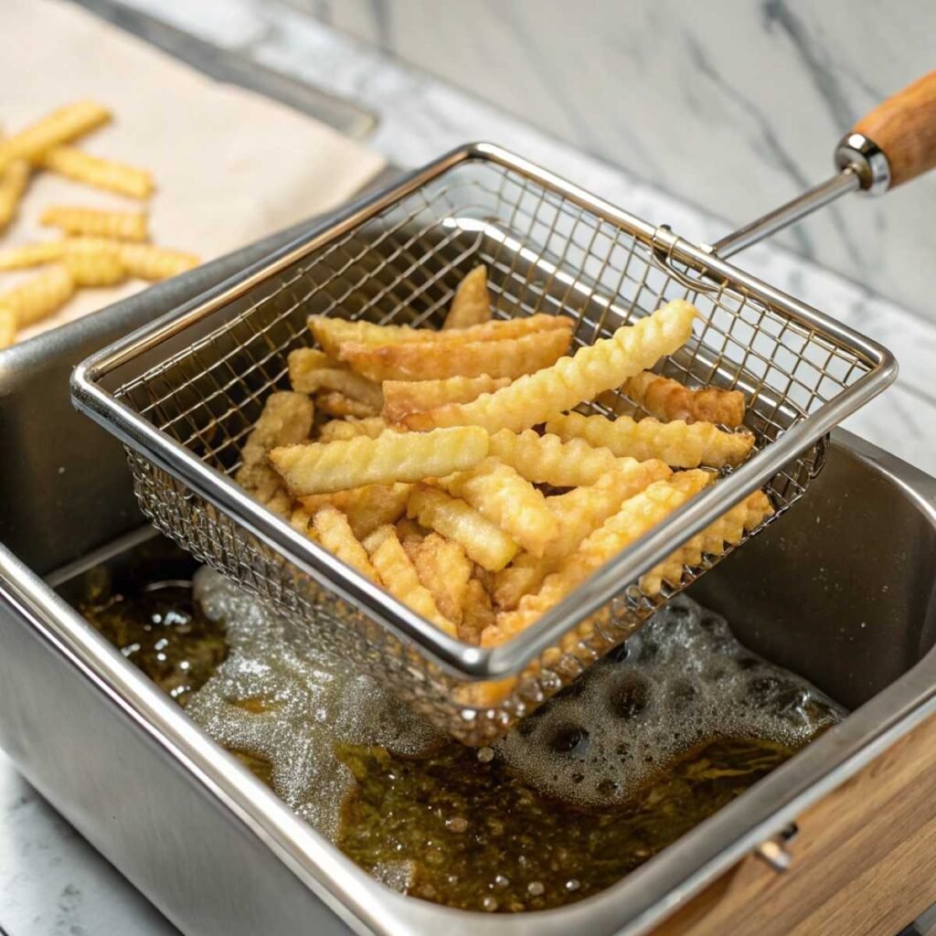 Crispy crinkle cut fries being lifted from the fryer basket, seasoned with garlic powder and paprika.