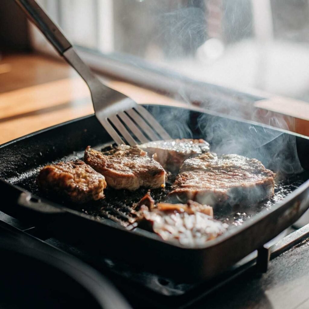 Bite-sized ribeye steak pieces searing in a cast-iron skillet with a golden crust forming.