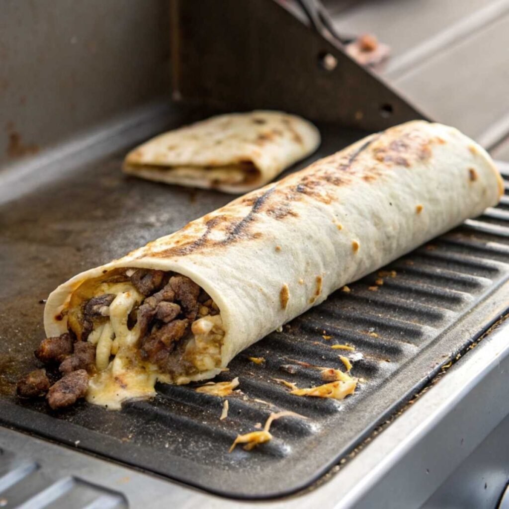 Folding and pressing a Steak & Cheese Dirty Fry Burrito seam-side down on a hot griddle with queso oozing.