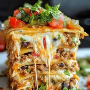 Taco Lasagna on a modern marble countertop, showcasing its golden cheese crust and layered tortilla edges with fresh cilantro.