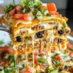 Close-up of Taco Lasagna showing melted cheese strands and layered beef, tortillas, and black beans, garnished with fresh tomato and cilantro on a white plate.