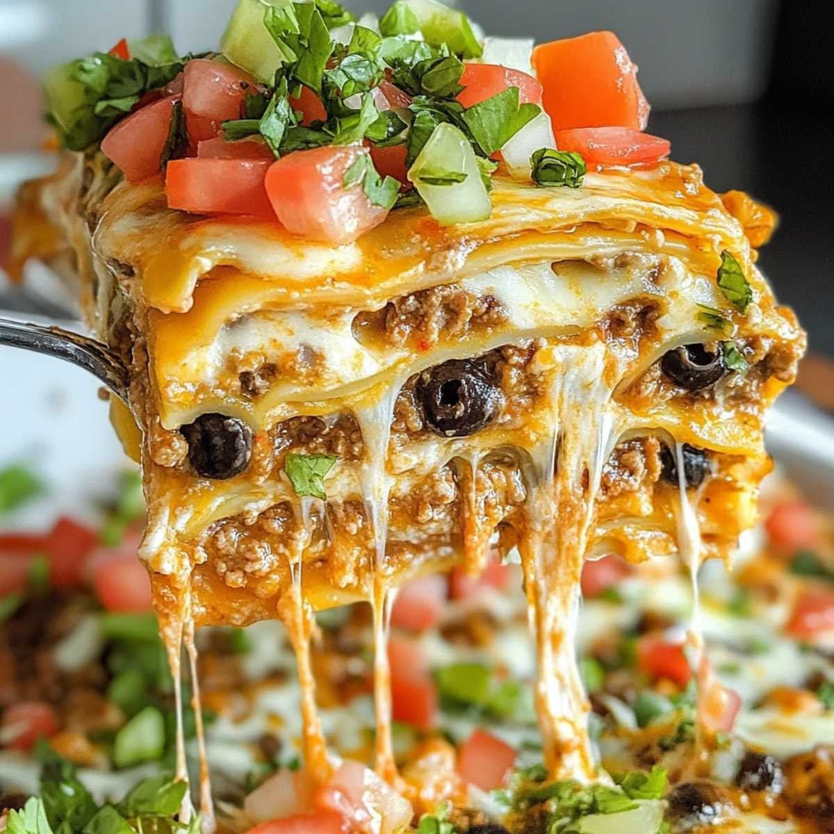 Close-up of Taco Lasagna showing melted cheese strands and layered beef, tortillas, and black beans, garnished with fresh tomato and cilantro on a white plate.