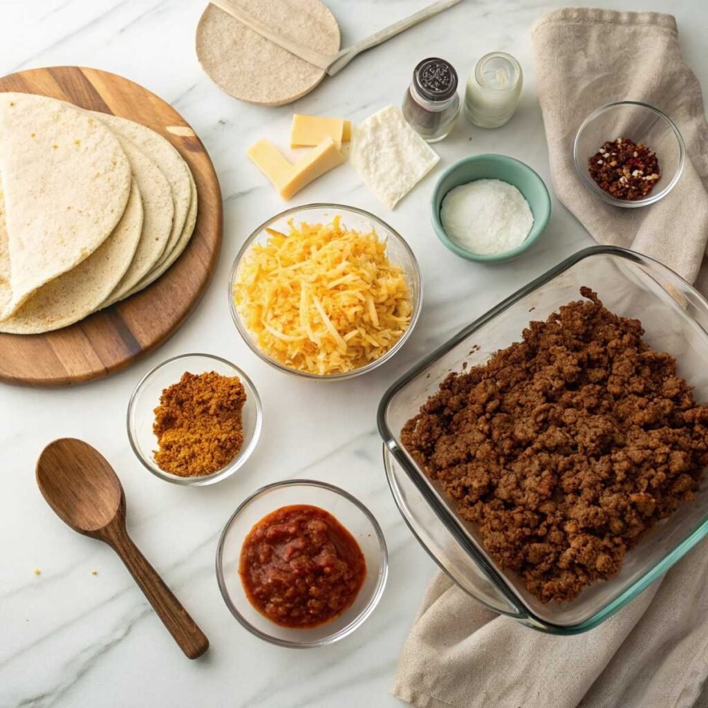 Fresh ingredients for Taco Lasagna including ground beef, taco seasoning, tortillas, and shredded cheese arranged on a modern marble surface.