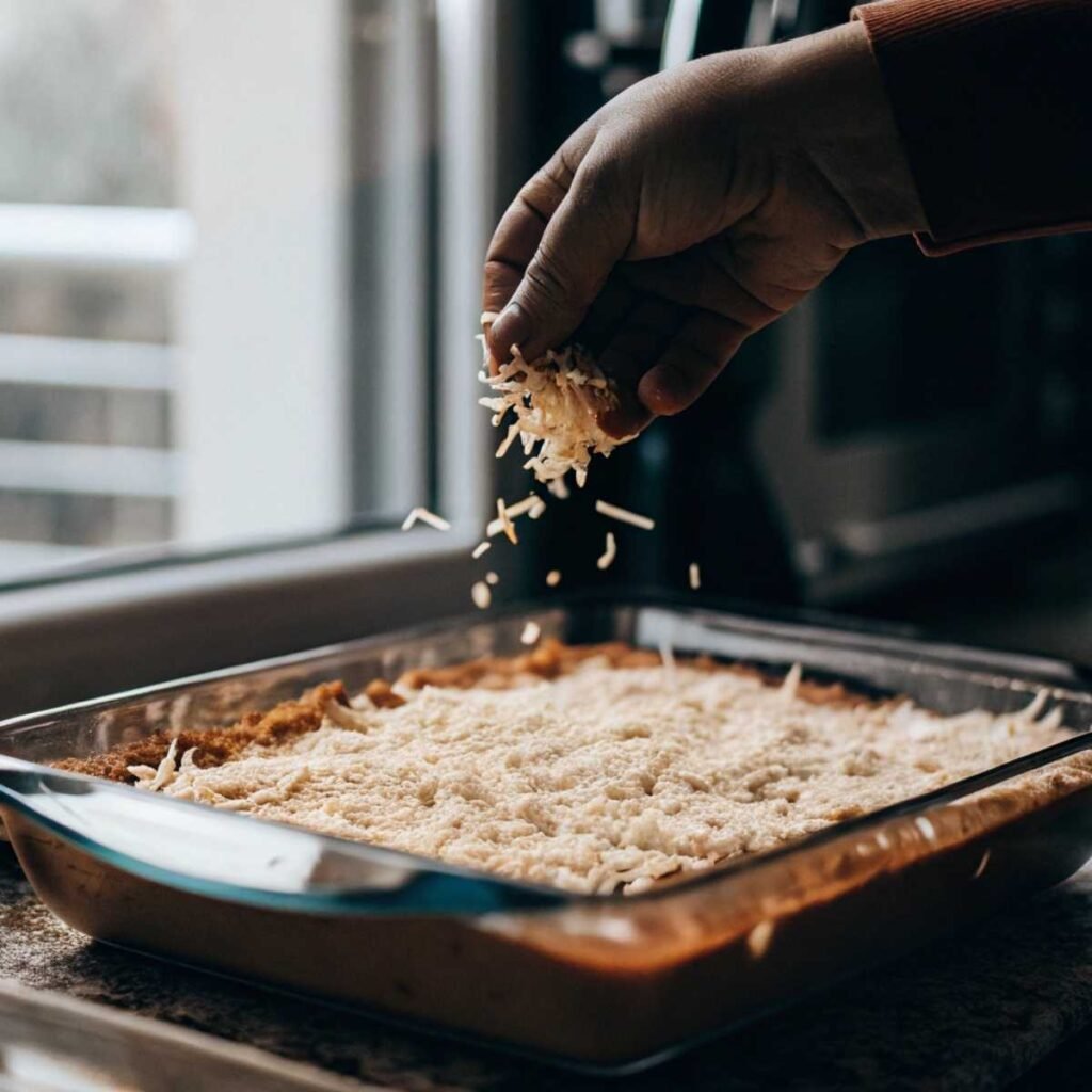 Topping Taco Lasagna with shredded cheese - step 11 showing hand in motion over final tortilla layer before baking.