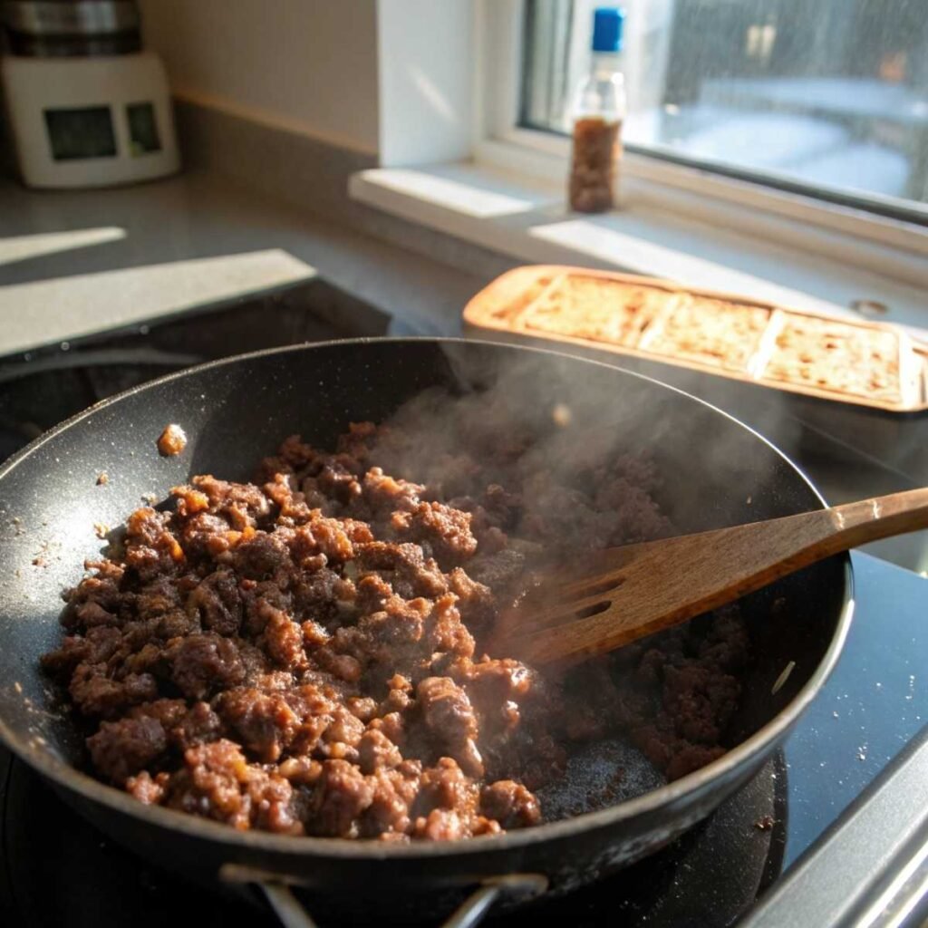 Browning ground beef for Taco Lasagna - step 2 showing sizzling beef with visible steam and golden edges in a nonstick skillet.