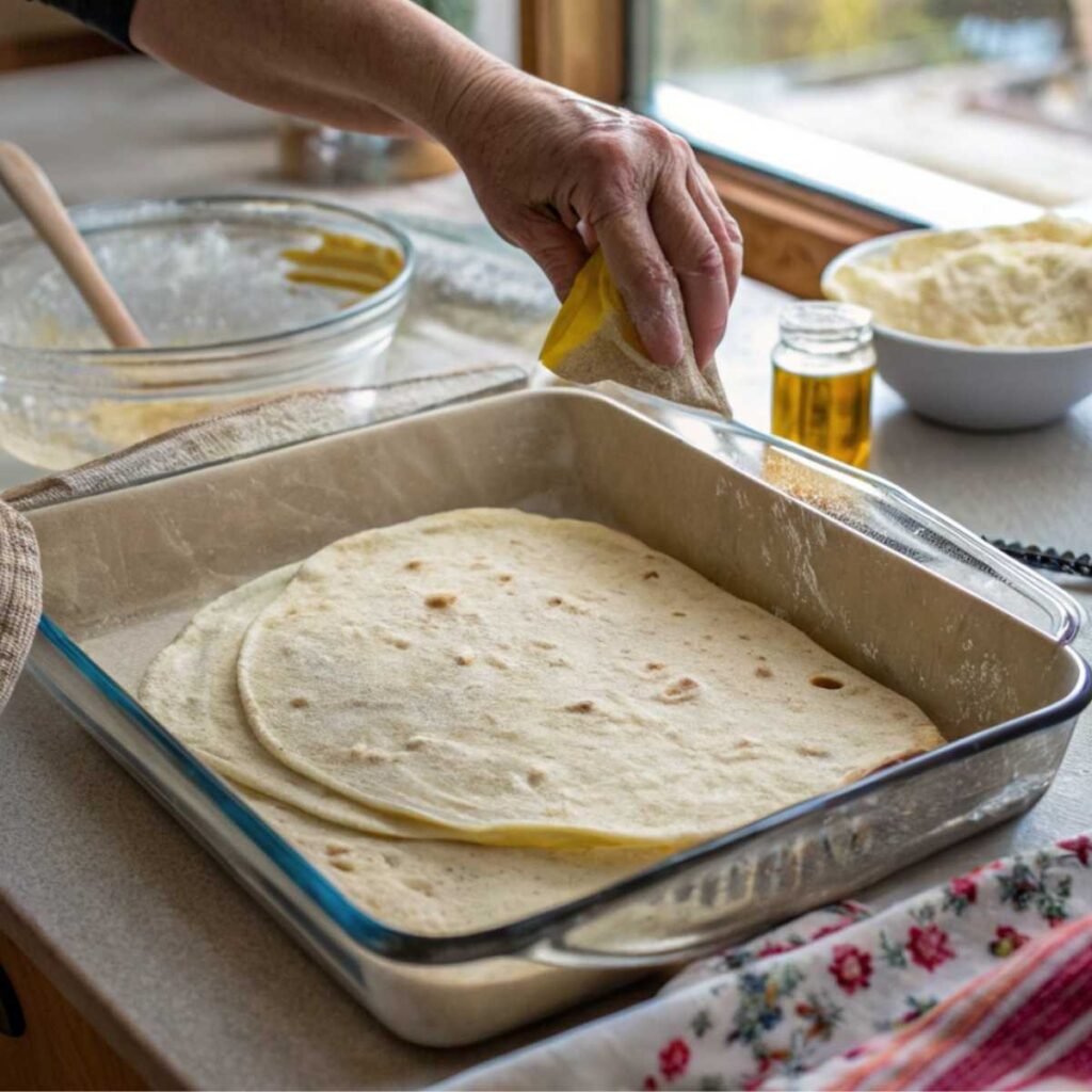 Layering flour tortillas in a baking dish for Taco Lasagna - step 6 showing first tortilla layer placement with overlaps.