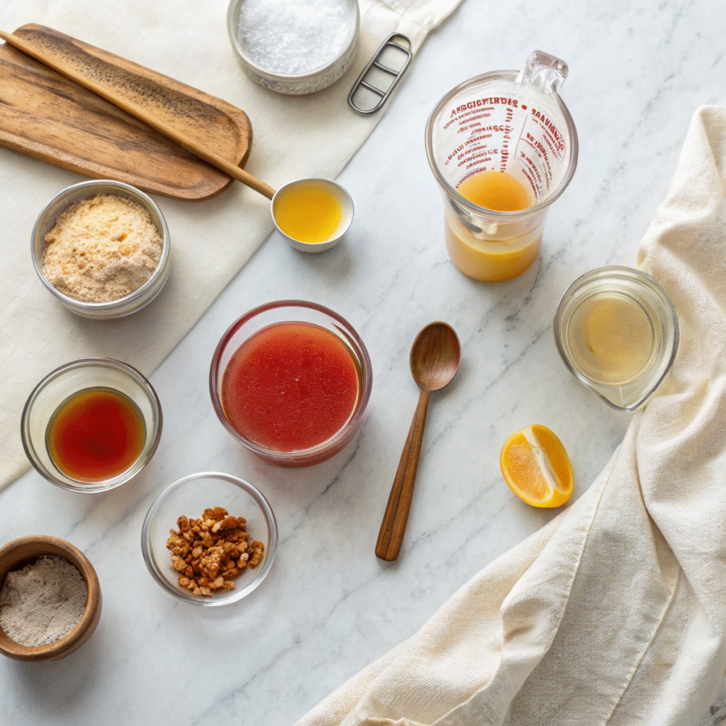 Fresh ingredients for Tornado Shots including tequila, orange juice, pineapple juice, and grenadine arranged on a modern marble surface.