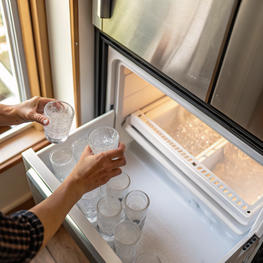 Chilling shot glasses for Tornado Shots - step 1 showing frosty glass and clean freezer drawer.