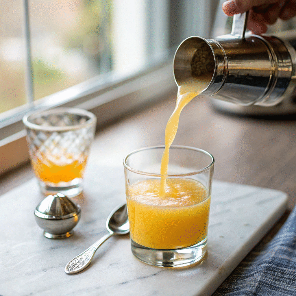 Pouring fruit juice for Tornado Shots - step 5 showing layered middle forming over tequila.