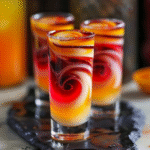 Tornado Shots on a modern marble countertop, showcasing its layered swirl effect with visible pineapple juice and grenadine.