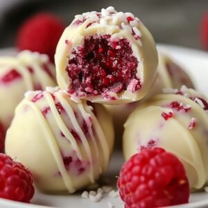 White Chocolate Raspberry Cheesecake Balls on a marble countertop, showcasing creamy interior with white chocolate and raspberry swirl.
