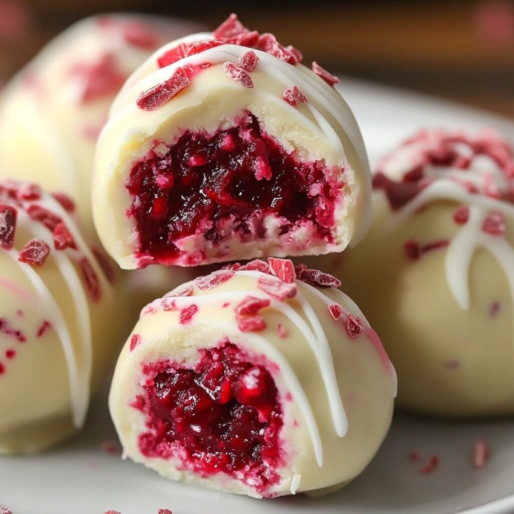 Close-up of White Chocolate Raspberry Cheesecake Balls showing white chocolate shell and raspberry swirl on a marble surface.