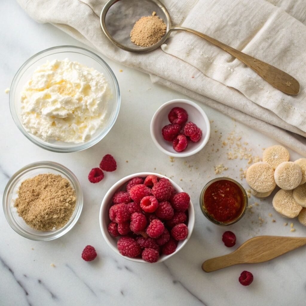 Fresh ingredients for White Chocolate Raspberry Cheesecake Balls including cream cheese, raspberry preserves, graham crackers, and white chocolate.