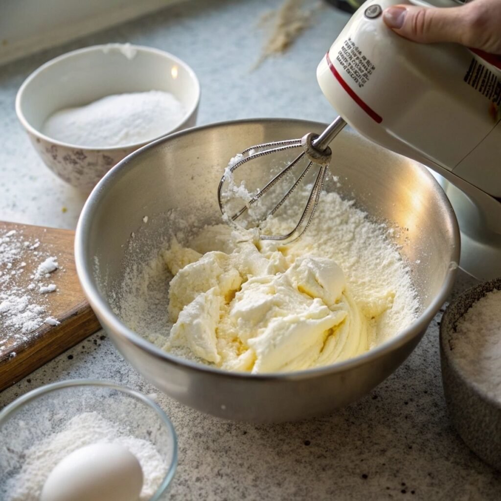 Beating cream cheese for White Chocolate Raspberry Cheesecake Balls - step 1 showing fluffy texture.
