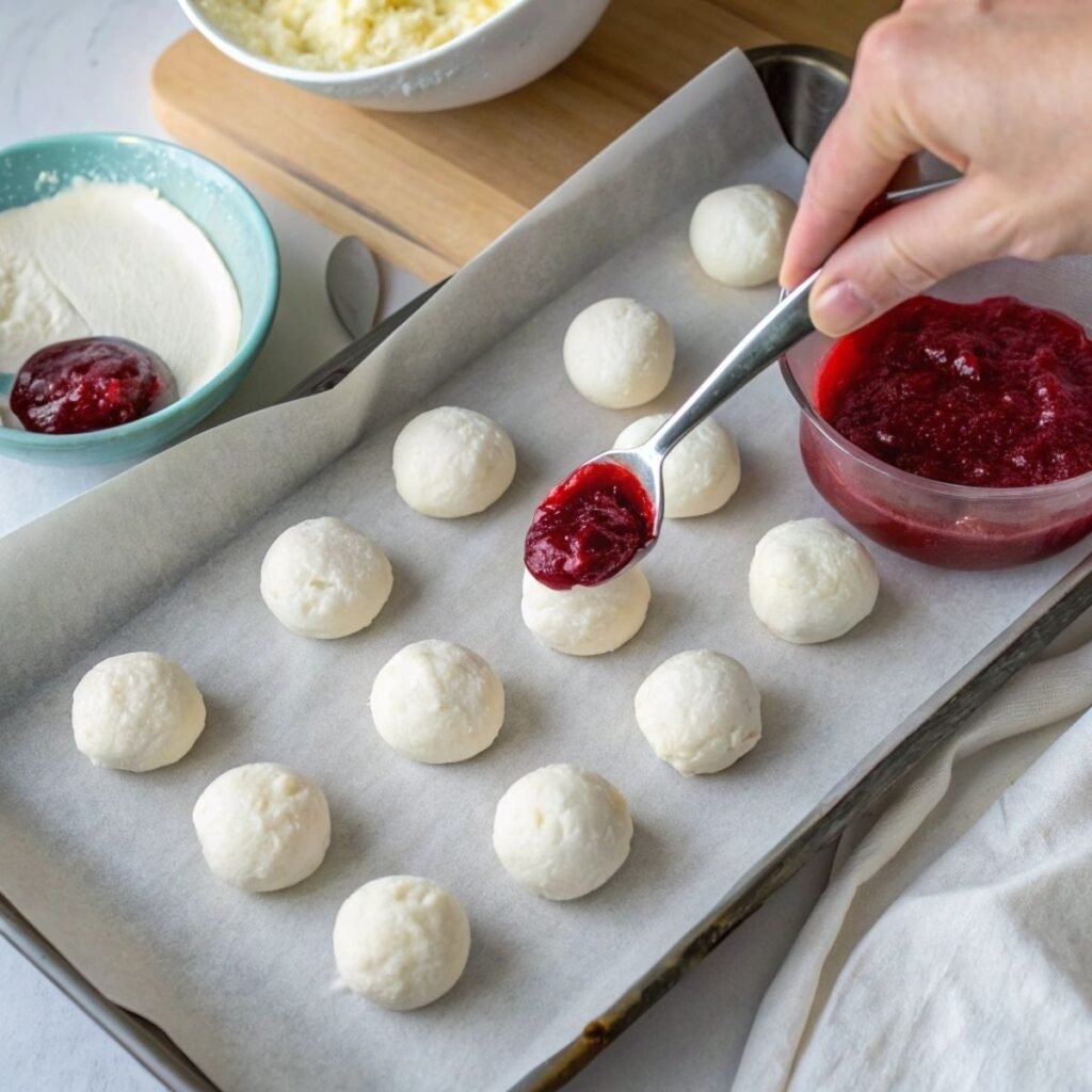 Filling cheesecake balls for White Chocolate Raspberry Cheesecake Balls - step 5 showing raspberry swirl.