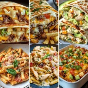 Collage of easy summer meals including wraps, pasta, and taco casserole with fresh ingredients, grilled meats, and melted cheese.