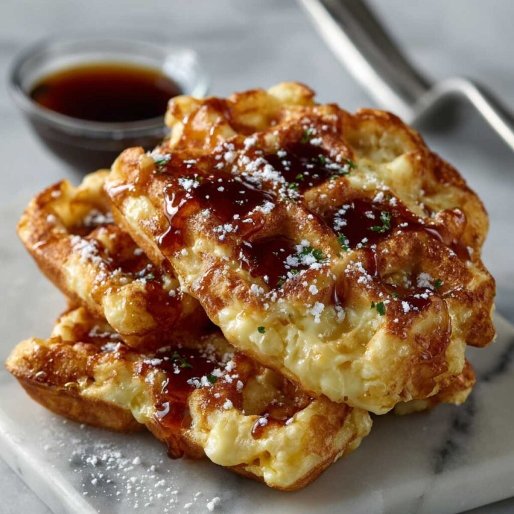Close-up of Belgian waffle showing crisp golden edges and fluffy interior, drizzled with maple syrup and dusted with powdered sugar.