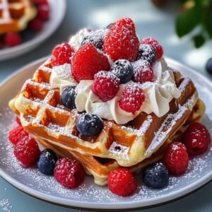 Belgian waffle recipe on a modern marble countertop, showcasing its golden crisp edges with deep pockets and maple syrup in a glass dish.