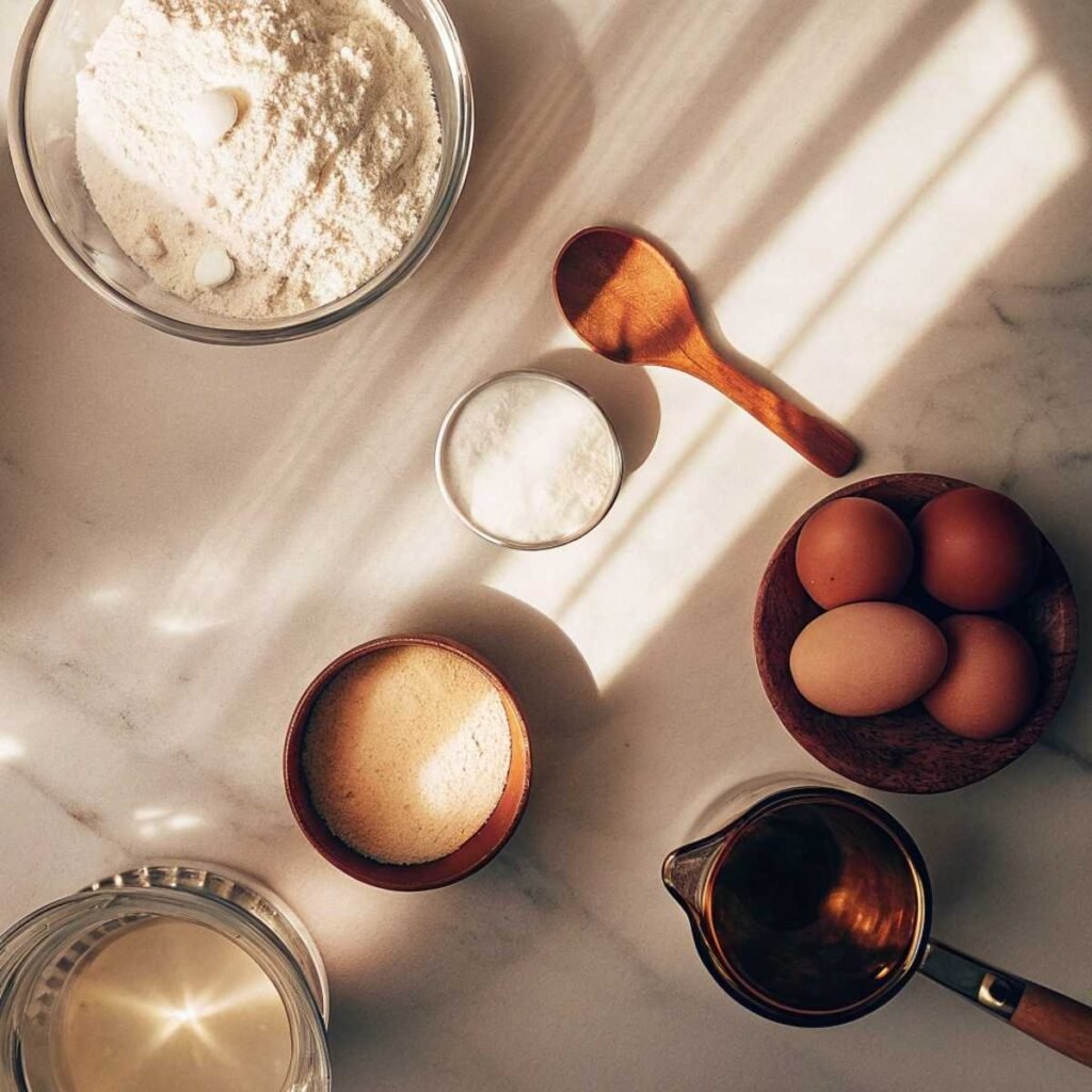 Fresh ingredients for Belgian waffle recipe including flour, eggs, milk, and butter arranged on a modern marble surface.