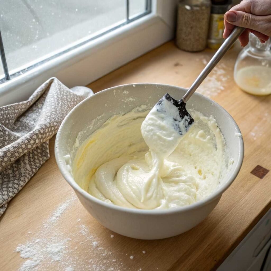 Folding whipped egg whites into thick Belgian waffle batter – step 5 showing rubber spatula lifting glossy whites mid-fold.