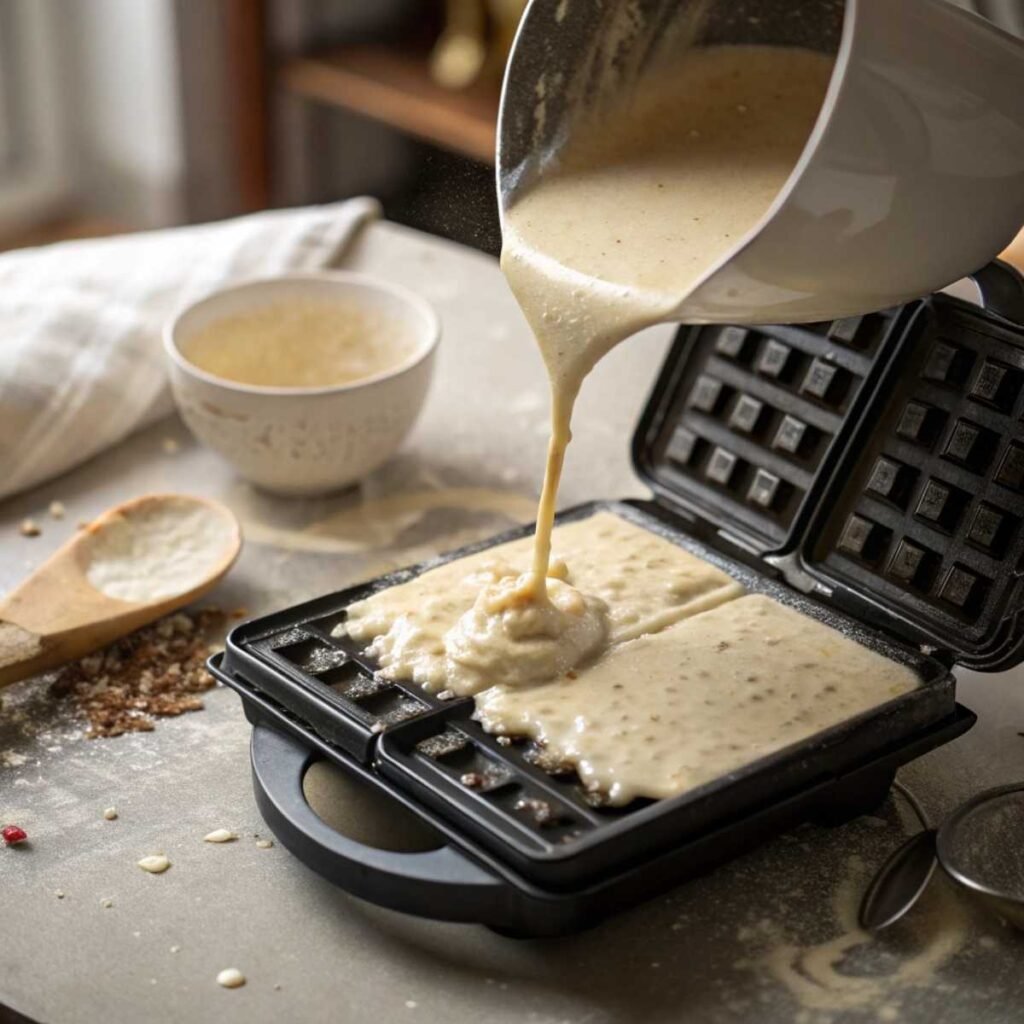 Pouring Belgian waffle batter into hot waffle maker – step 6 showing deep grids being filled with rich golden batter mid-motion.