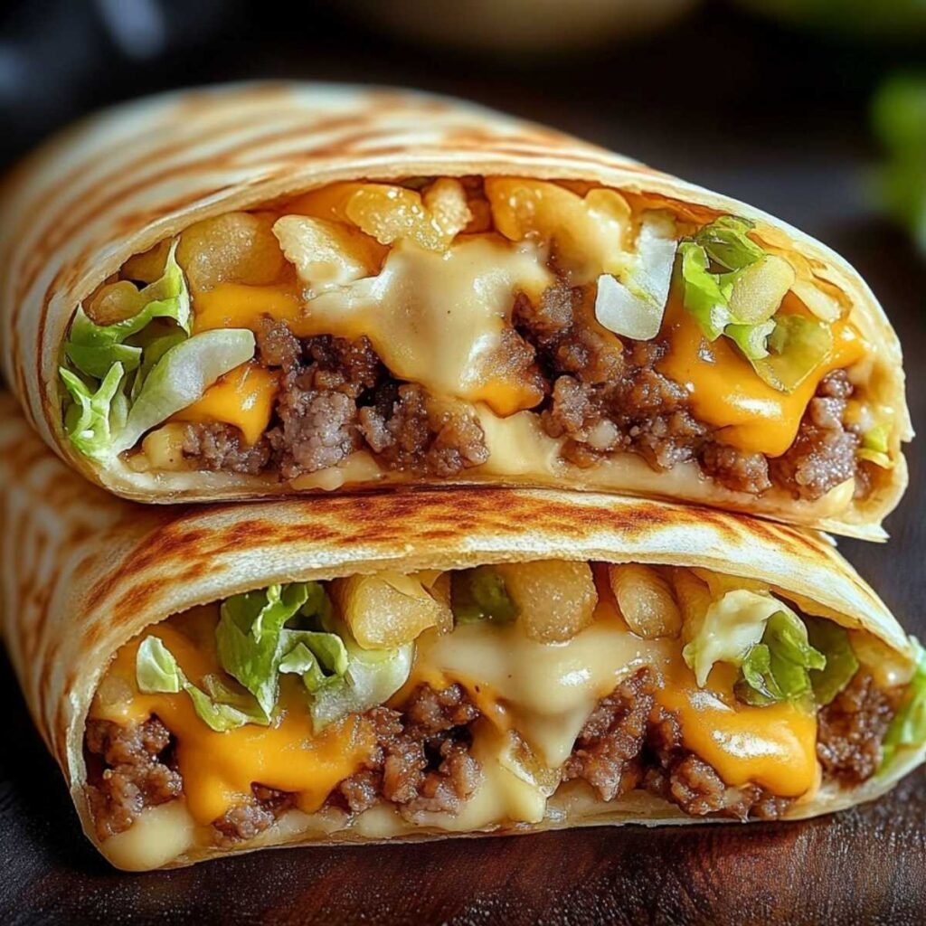 Big Mac Wraps sliced in half, filled with seasoned beef, cheddar cheese, lettuce, pickles, and creamy sauce inside a grilled tortilla.