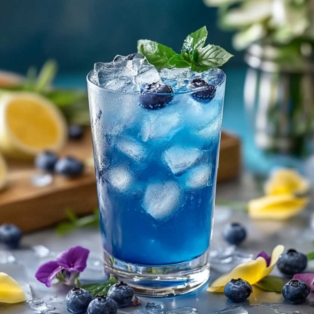 Bright Blue Mocktail served over crushed ice with blueberries and mint garnish, surrounded by lemon slices and flower petals on a summer table.