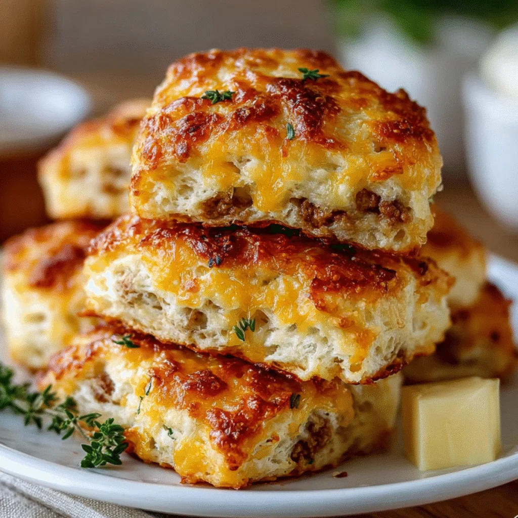 Butter Swim Biscuits on a modern marble countertop, showcasing their cheesy golden crust with melted cheddar and visible thyme sprigs.