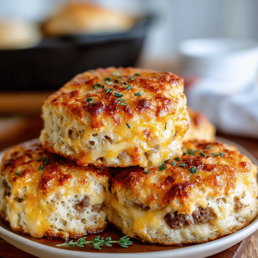 Close-up of Butter Swim Biscuits showing cheesy crust and fluffy layers, garnished with fresh thyme on a neutral ceramic plate.