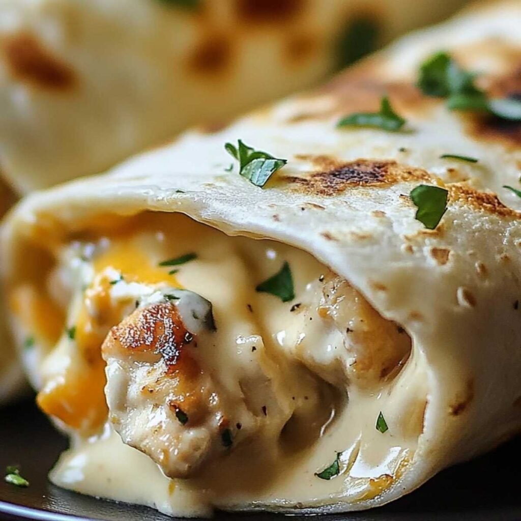 Cheesy Garlic Chicken Wraps filled with creamy sauce and golden chicken, wrapped in grilled tortillas and sprinkled with parsley.