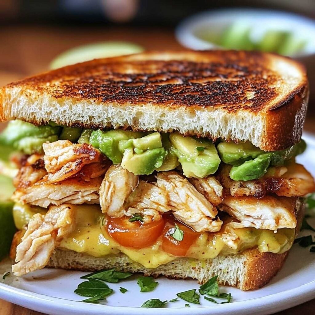 Grilled Chicken Avocado Melt Sandwich with golden toasted bread, creamy avocado, tomatoes, and melted cheese on a white plate.