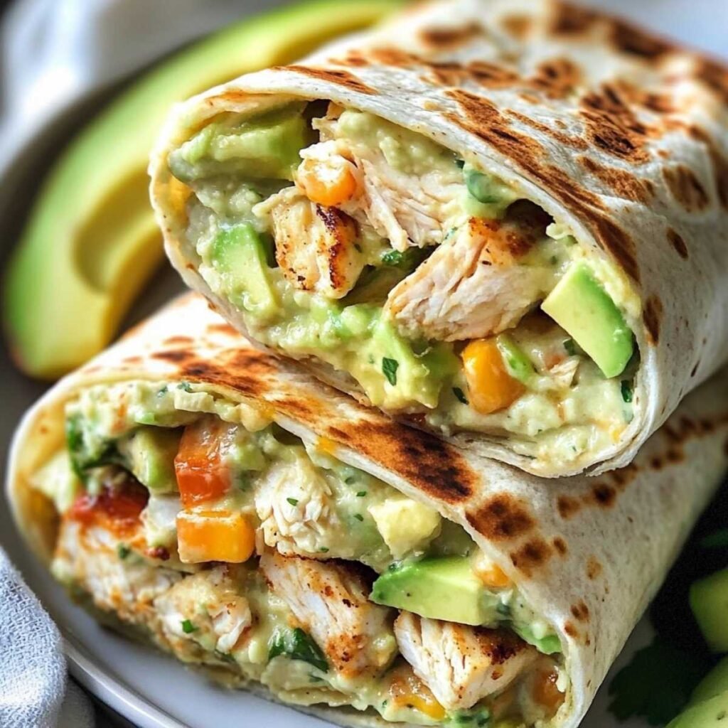 Grilled Chicken Avocado Ranch Burritos sliced in half, showing creamy avocado filling and juicy chicken on a summer plate.