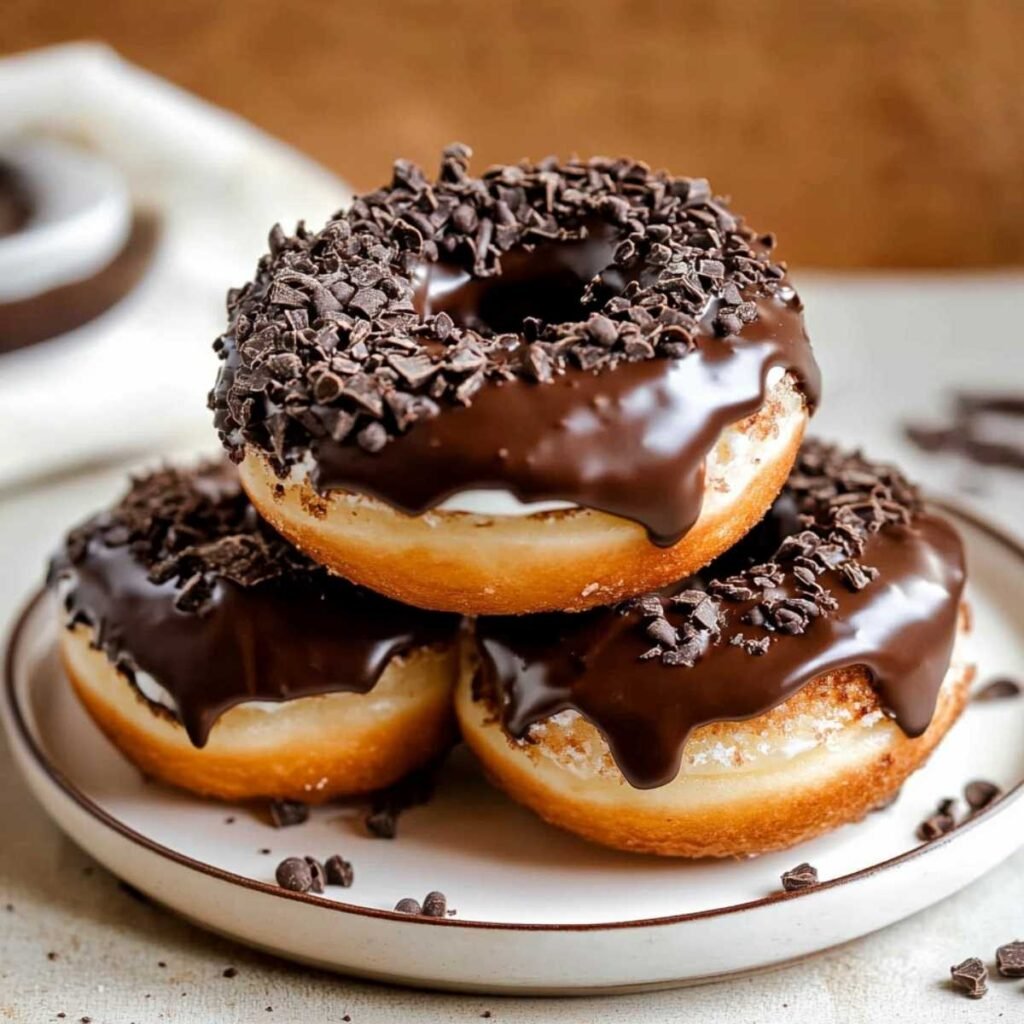 Close-up of Cookies and Cream Donuts showing glossy chocolate ganache, vanilla glaze, and crushed chocolate toppings on a ceramic plate.