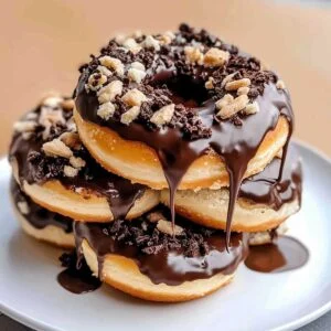 Cookies and Cream Donuts on a ceramic plate, showcasing glossy chocolate ganache dripping down the sides and topped with crushed cookie pieces.