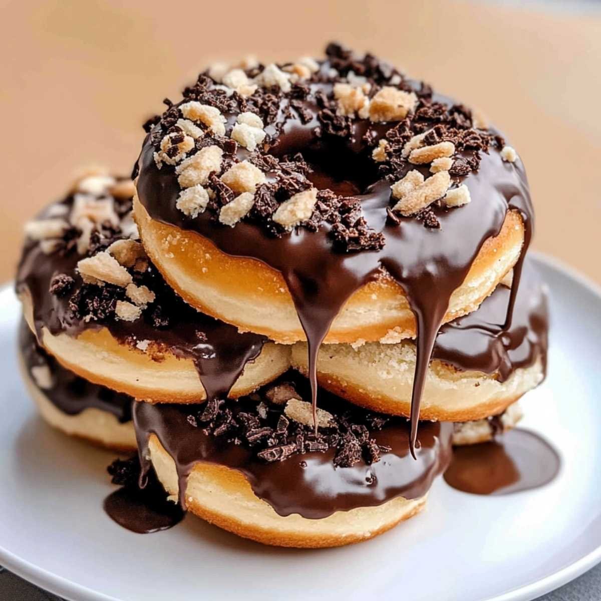 Cookies and Cream Donuts on a ceramic plate, showcasing glossy chocolate ganache dripping down the sides and topped with crushed cookie pieces.