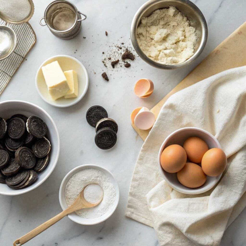 Fresh ingredients for Cookies and Cream Donuts including crushed Oreos, butter, flour, and eggs arranged on a modern marble surface.