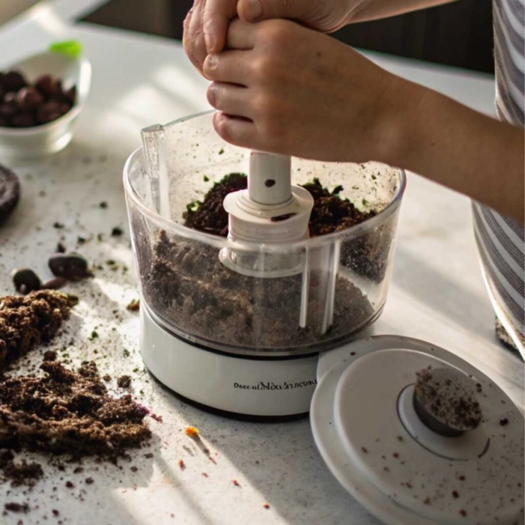 Crushing Oreos for Cookies and Cream Donuts - step 1 showing mix of fine crumbs and chunky cookie pieces in a food processor.