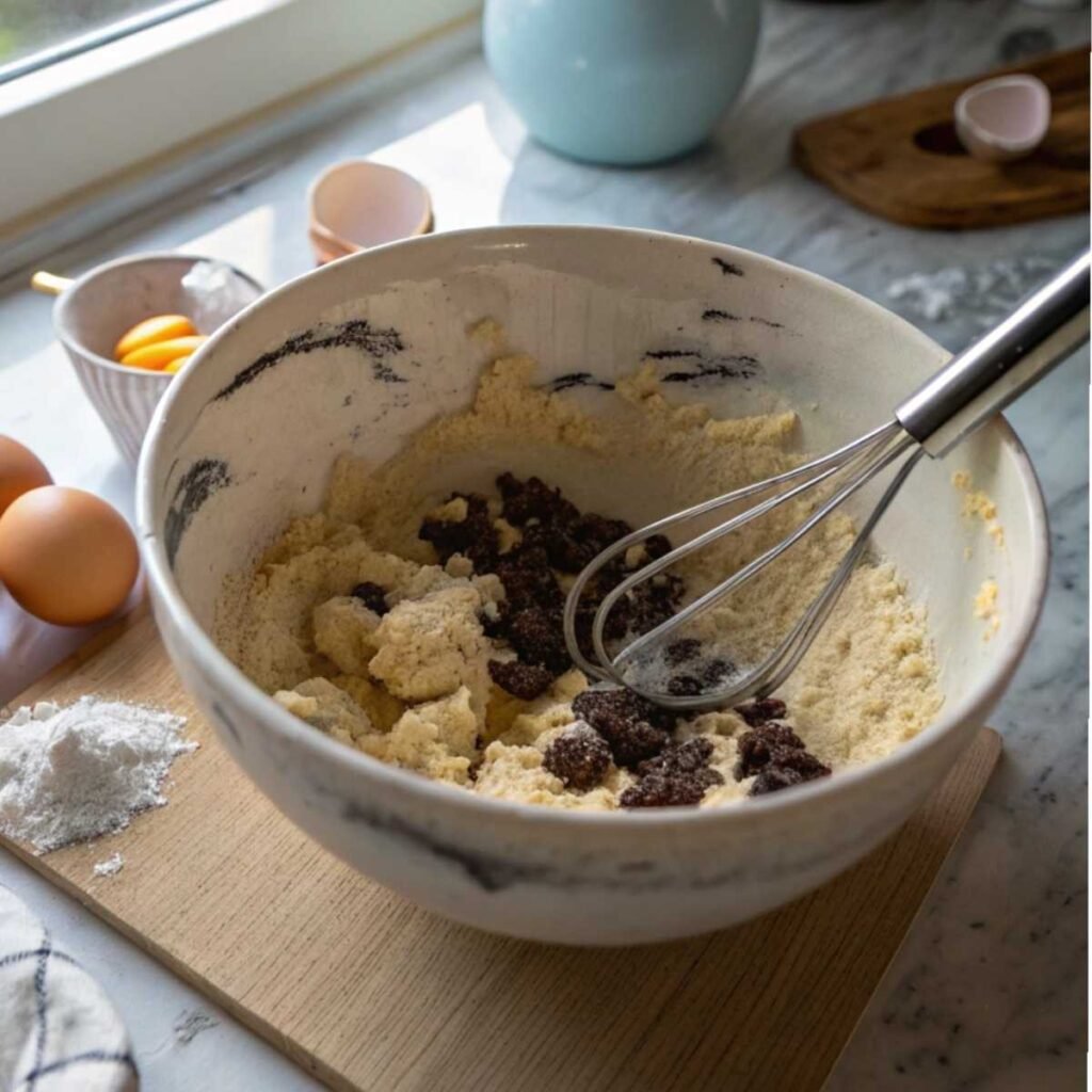 Mixing lumpy batter for Cookies and Cream Donuts - step 2 showing spatula stirring wet and dry ingredients together.