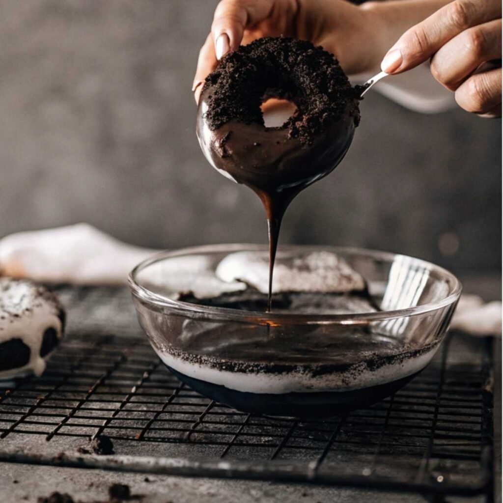 Dipping donut into thick ganache for Cookies and Cream Donuts - step 3 with chocolate glaze and Oreo topping.
