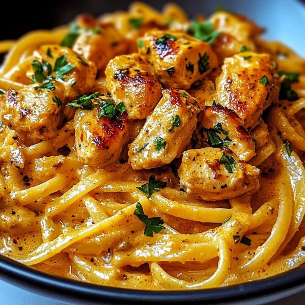 Close-up of Cowboy Butter Chicken Linguine showing creamy sauce texture and golden seared chicken, garnished with parsley on a ceramic dish.